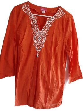 Pappagallo Tunic LARGE Beaded Orange/White Embroidery 3/4 Sleeve Loose beads